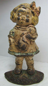 Dolly Old Cast Iron Figural Young Girl & Doll Doorstop Decorative Art Statue