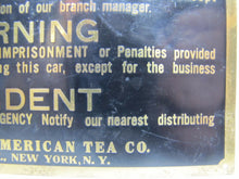 Load image into Gallery viewer, GREAT AMERICAN TEA Co Old Brass Sign NO PERSONS PERMITTED TO RIDE IN CAR
