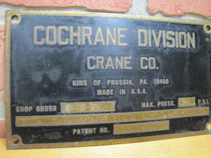 Old COCHRANE CRANE Co Brass Nameplate Equipment Sign KING OF PRUSSIA PA USA