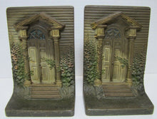 Load image into Gallery viewer, BRADLEY HUBBARD B&amp;H COLONIAL DOOR Antique Bookends Cast Iron Old Paint Ornate
