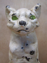 Load image into Gallery viewer, Antique Cast Iron Cat Doorstop Art orig old white painted surface green eyes
