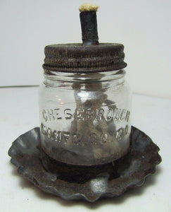 Antique MAKE-DO OIL LAMP Tin Base Glass Bottle CHEESEBROUGH Mfg Co NEW YORK