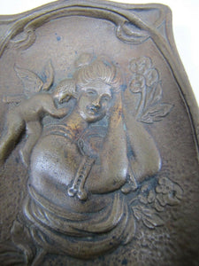 MAIDEN CHERUB FLOWERS Antique Decorative Arts Bronze Tray Card Tip Trinket