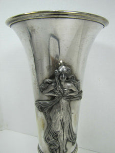 Art Nouveau Vase Lovely Maiden Long Flowing Hair Silver Plate Decorative Arts