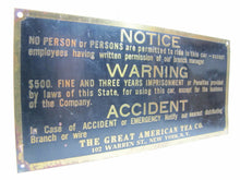 Load image into Gallery viewer, GREAT AMERICAN TEA Co Old Brass Sign NO PERSONS PERMITTED TO RIDE IN CAR
