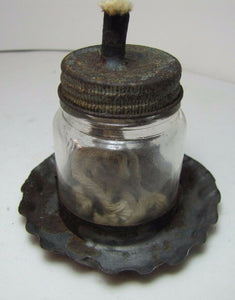 Antique MAKE-DO OIL LAMP Tin Base Glass Bottle CHEESEBROUGH Mfg Co NEW YORK