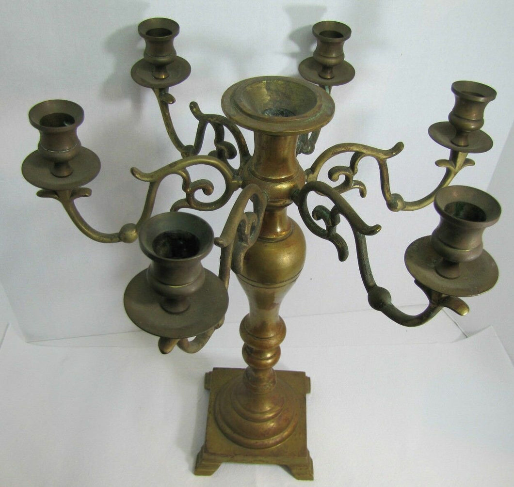 Antique 19c Candelabra Seven w Six Arms Heavy Brass Ornate Candle Holder Patina