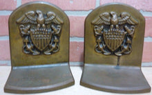 Load image into Gallery viewer, Antique Brass American Eagle Shield Crest Anchors Navy Decorative Art Bookends
