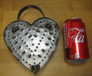 Vtg Tin Heart Shape Cheese Mold Strainer punched metal three footed top handle