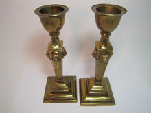 Load image into Gallery viewer, LIONS HEAD Brass Pair Decorative Arts Candlesticks Fluted 4 Sided Candle Holders
