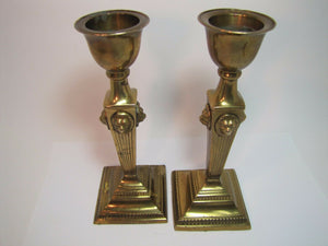 LIONS HEAD Brass Pair Decorative Arts Candlesticks Fluted 4 Sided Candle Holders