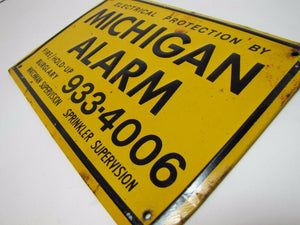 MICHIGAN ALARM Old Embossed Tin Advertising Sign FIRE HOLD-UP BURGLARY WATCHMAN