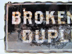 BROKEN LENSES DUPLICATED Antique Chip Scalloped Glass Mirror Sign Tin Optician