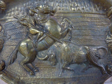 Load image into Gallery viewer, Old Brass Matador on Horseback Bull Card Tip Trinket Tray High Relief Ornate
