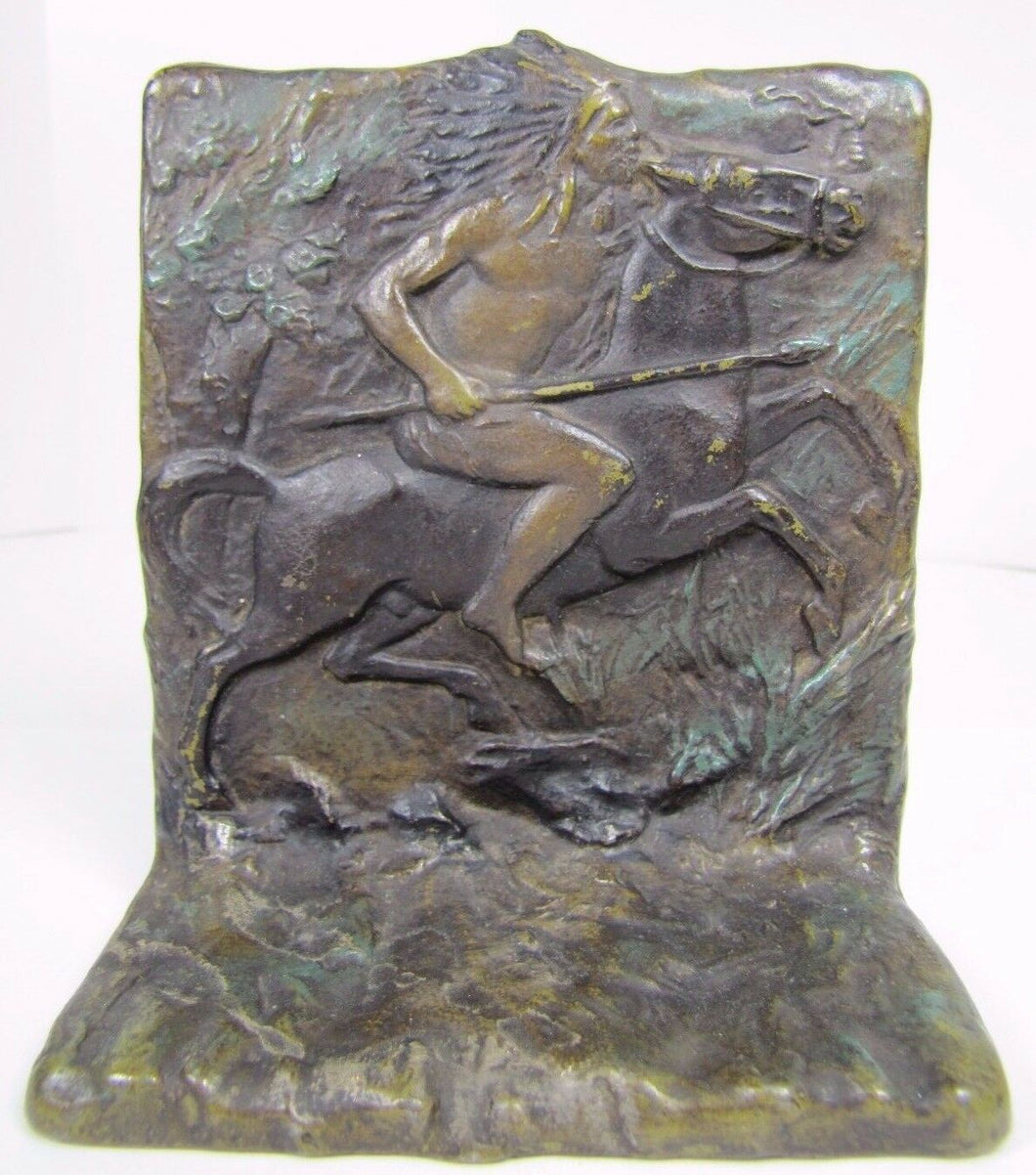 Antique INDIAN WARRIOR on Horseback Cast Iron Decortive Art Bookend Old Paint