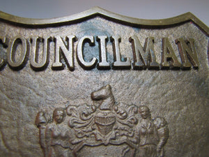 COUNCILMAN PARAMUS NJ Old Brass Plaque Embossed Badge Sign Ad New Jersey