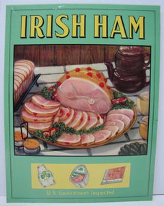 IRISH HAM Old Advertising Sign Butcher Shop Grocery AMERICAN ART WORKS Cos Ohio