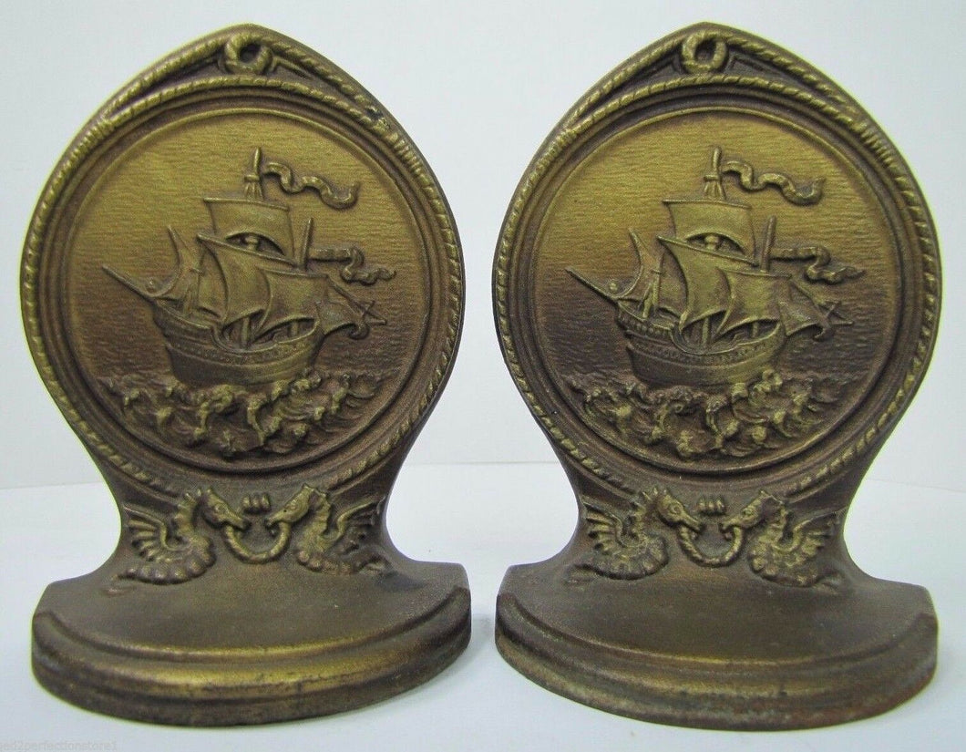 Antique BRADLEY HUBBARD Bookends SAILING SHIPS MYTICAL BEASTS Ornate B&H