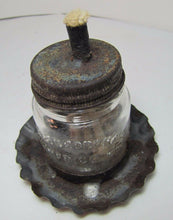 Load image into Gallery viewer, Antique MAKE-DO OIL LAMP Tin Base Glass Bottle CHEESEBROUGH Mfg Co NEW YORK
