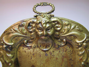 Antique Victorian Horned Devil Brass Tray evil head open mouth crumb dust ashes