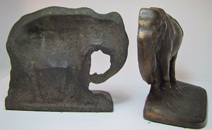 Grazing Elephants Bookends Old Cast Iron Pair Bronze Wash High Relief Detailed