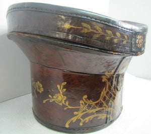 Antique 19c Folk Art Hand Painted Leather Hat Box Flowers Leaves Scrolls 1800s