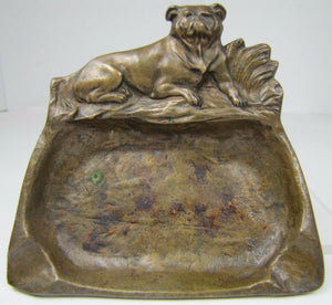 Antique Bronze Bulldog Tray Ashtray ornate old high relief card tip trinket