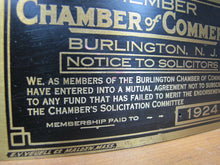 Load image into Gallery viewer, 1924 BURLINGTON NJ NOTICE TO SOLICITORS CHAMBER of COMMERCE Old Brass Ad Sign
