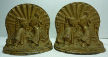 Load image into Gallery viewer, Art Deco Asian Couple Kissing Cast Iron Bookends Original Old Gold Paint
