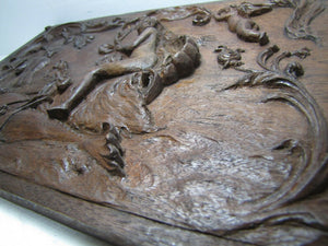 Antique Art Nouveau Nude Maiden Dauphin Fish Cherub Wood Carved Art Plaque exq