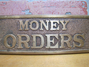 Old Brass MONEY ORDERS Sign Bevel Edge Embossed Bank Store Advertising