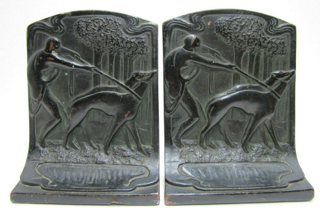 Huntress Greyhounds Whippets Forest Antique Bronze Clad Decorative Art Bookends