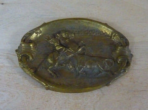 Old Brass Matador on Horseback Bull Card Tip Trinket Tray High Relief Ornate