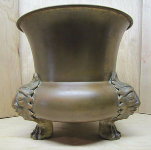 Old Figural Brass Planter Pot Urn detailed heads feet wonderful aged patina