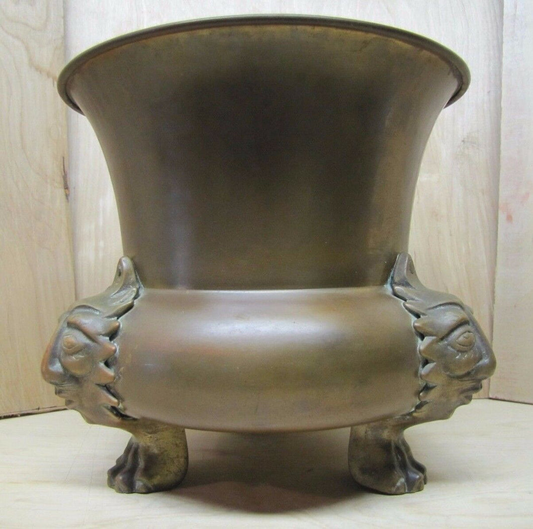 Old Figural Brass Planter Pot Urn detailed heads feet wonderful aged patina