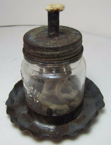 Antique MAKE-DO OIL LAMP Tin Base Glass Bottle CHEESEBROUGH Mfg Co NEW YORK
