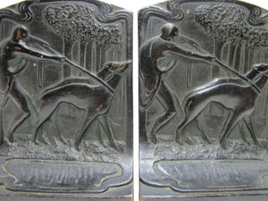 Huntress Greyhounds Whippets Forest Antique Bronze Clad Decorative Art Bookends