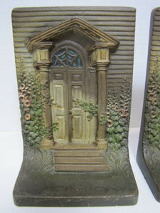 BRADLEY HUBBARD B&H COLONIAL DOOR Antique Bookends Cast Iron Old Paint Ornate