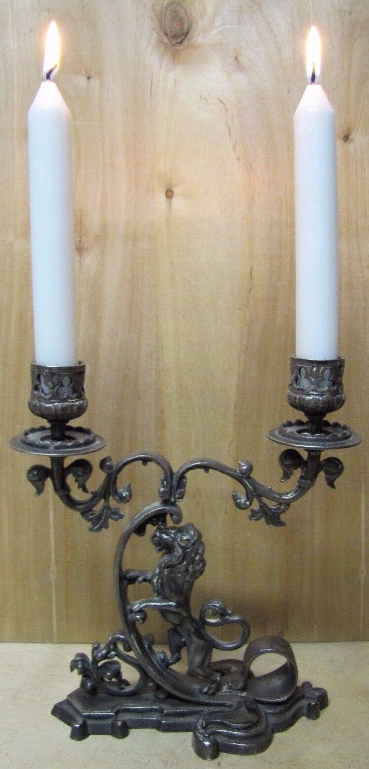 Antique Lion Decorative Art Silver Plate Double Candlestick Holder Candelabrum