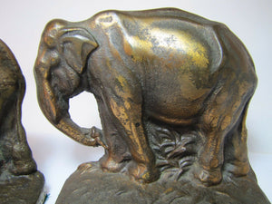 Grazing Elephants Bookends Old Cast Iron Pair Bronze Wash High Relief Detailed