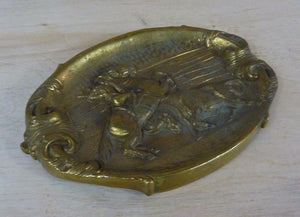 Old Brass Matador on Horseback Bull Card Tip Trinket Tray High Relief Ornate