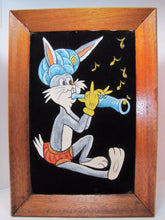 Load image into Gallery viewer, Vtg BUGS BUNNY SWAMI Flute Oil on Velvet Painting wood framed artwork
