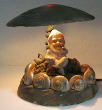 Load image into Gallery viewer, Old Folk Art Gnome Elf Troll w Swan Asbury Park New Jersey Souvenir Shell Lamp
