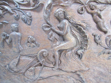 Load image into Gallery viewer, Antique Art Nouveau Nude Maiden Dauphin Fish Cherub Wood Carved Art Plaque exq
