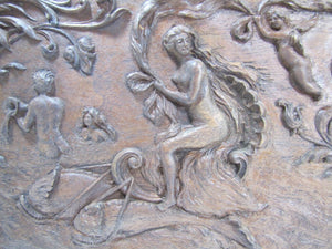 Antique Art Nouveau Nude Maiden Dauphin Fish Cherub Wood Carved Art Plaque exq