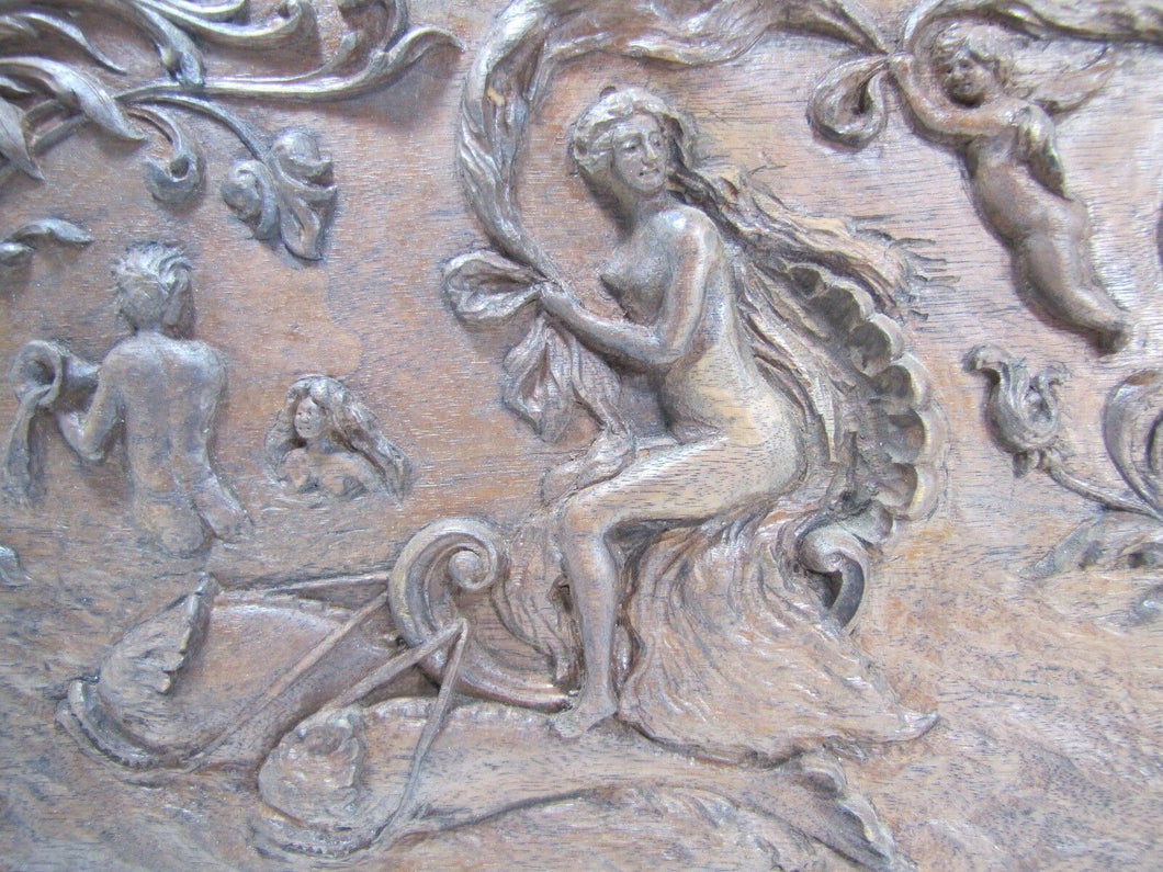 Antique Art Nouveau Nude Maiden Dauphin Fish Cherub Wood Carved Art Plaque exq