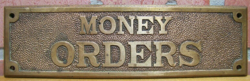 Old Brass MONEY ORDERS Sign Bevel Edge Embossed Bank Store Advertising