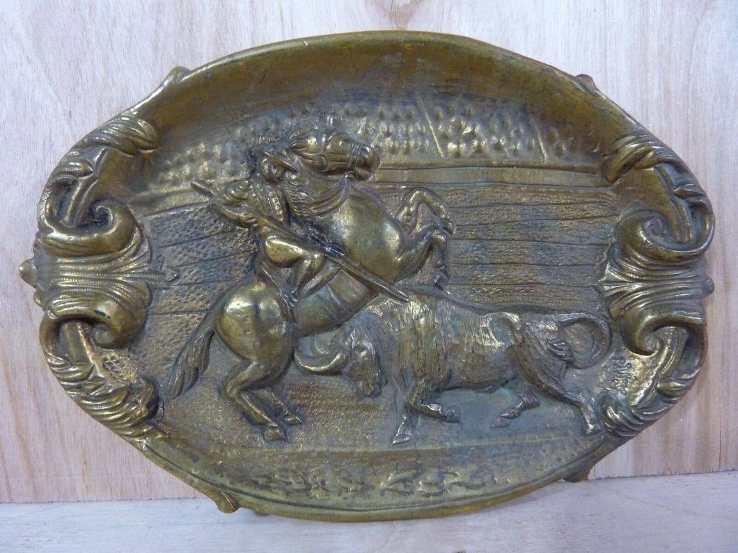 Old Brass Matador on Horseback Bull Card Tip Trinket Tray High Relief Ornate