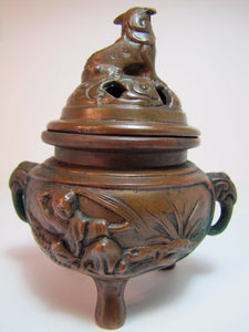 Antique Bronze Foo Dog Asian Incense Burner High Relief JB 1883 Jenning Bros