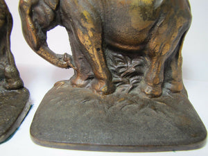 Grazing Elephants Bookends Old Cast Iron Pair Bronze Wash High Relief Detailed